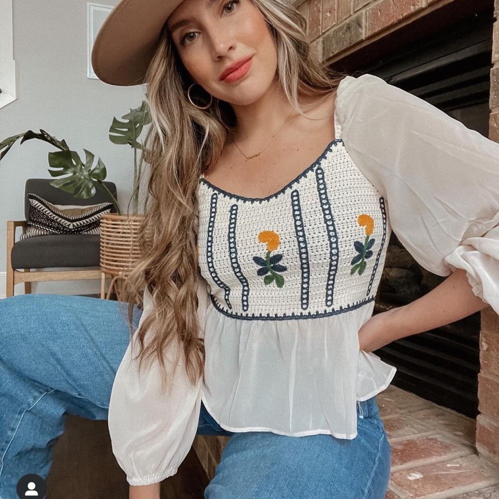 NEW EMBROIDERED CROCHET SPLICED PEPLUM TOP
